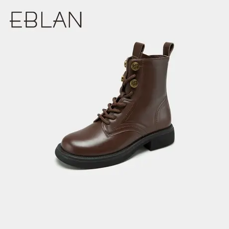 伊伴女靴2022秋冬复古牛皮革时装靴马丁靴侧拉链潮流机车靴短靴图片