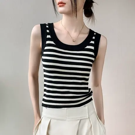 针织条纹吊带背心女2025春季新款独特修身显瘦法式高级无袖上衣女图片