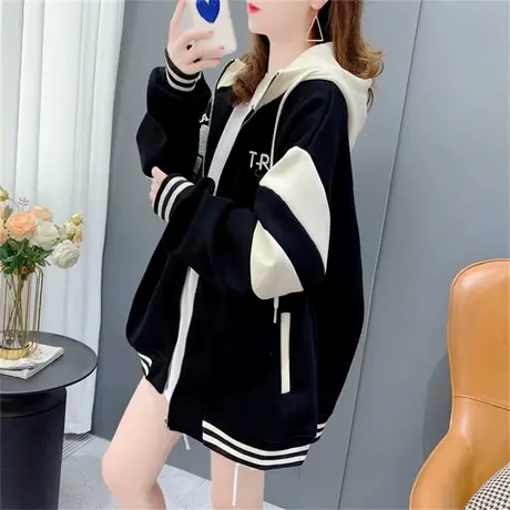 休闲学院风连帽棒球服外套女春季2023新款宽松慵懒风洋气开衫上衣商品大图