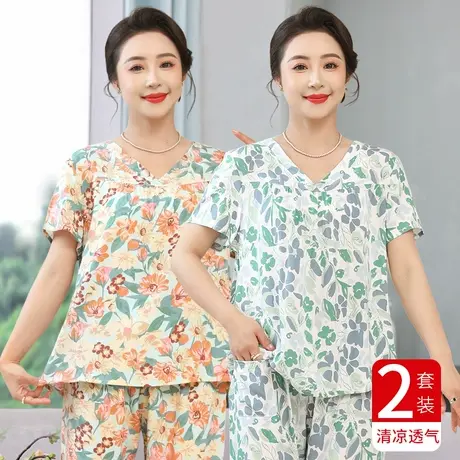 妈妈棉绸睡衣女士夏季2024新款中老年人家居服七分裤短袖绵绸套装商品大图