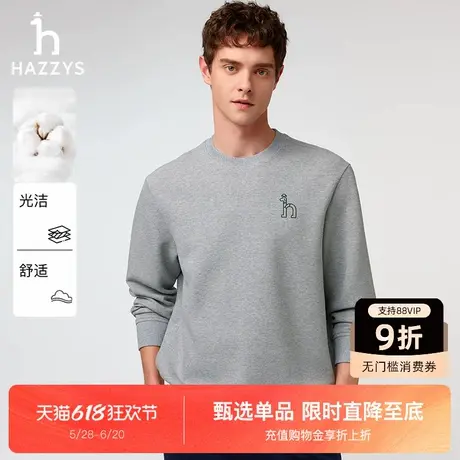 Hazzys哈吉斯男装2025春夏新款经典刺绣简约圆领珠地卫衣休闲上衣商品大图