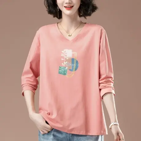 春秋纯棉长袖t恤女加肥加大码女装宽松中年妈妈印花V领显瘦打底衫商品大图