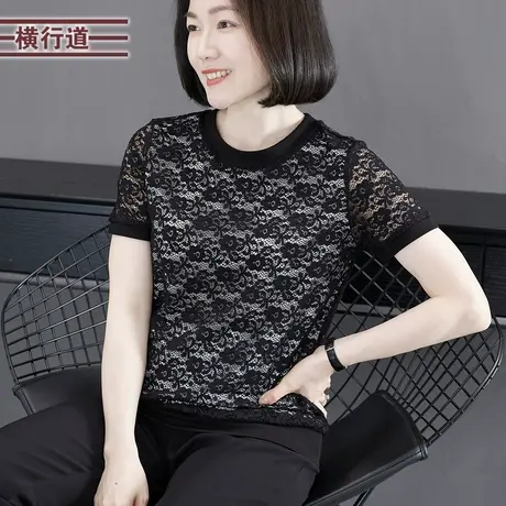 简约休闲圆领蕾丝宽松短袖T恤女大码外穿2023夏季新款中年妈妈装商品大图