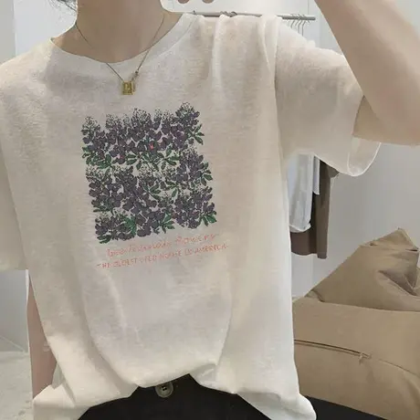 韩国雪花棉短袖t恤女白色2025夏季新款印花正肩宽松显瘦体恤上衣图片