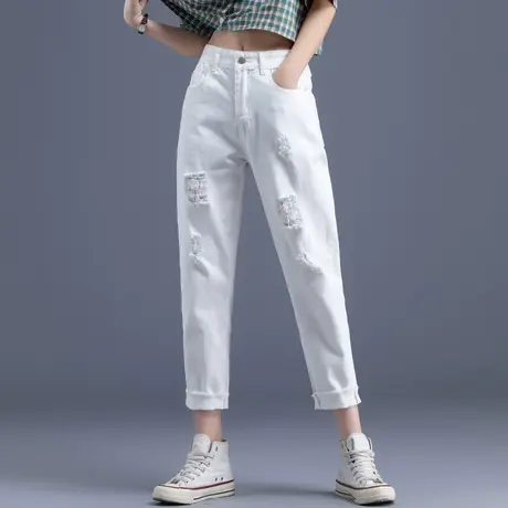 白色牛仔裤女2023年新款乞丐破洞裤老爹小个子裤子爆款九分哈伦裤商品大图