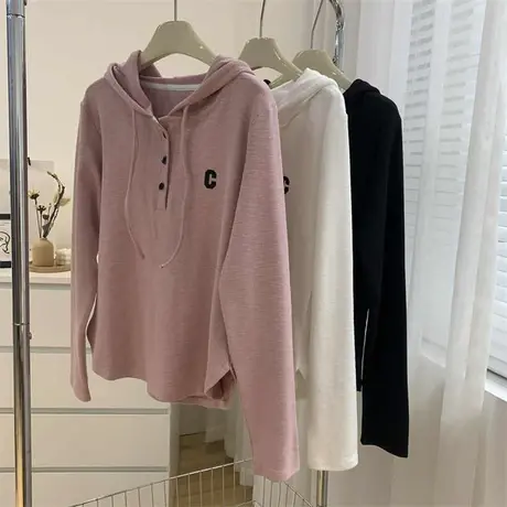 竹节棉刺绣连帽衫女春秋宽松短款显瘦百搭半门襟长袖T恤2023新款图片