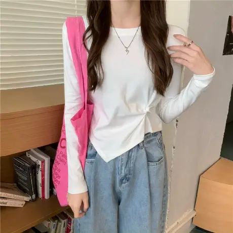 2023新款早秋小个子短款内搭上衣打底衫春秋冬白色修身长袖t恤女商品大图