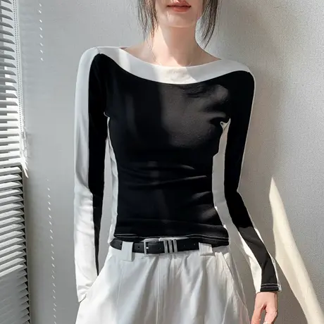 撞色拼接一字肩长袖T恤女2025秋季修身显瘦设计感内搭打底衫上衣图片