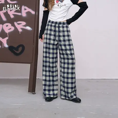 妖精的口袋撞色格纹宽松裤子女2025年早秋新款显瘦阔腿裤休闲裤子商品大图