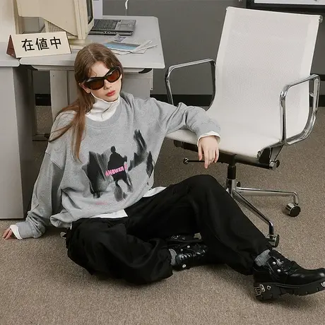 美式圆领卫衣女宽松春秋款2023新款oversize外套街头ins潮牌上衣商品大图