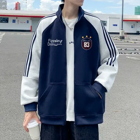 卫衣男春秋季2025新款条纹宽松休闲上衣潮牌美式立领拼接拉链外套商品大图
