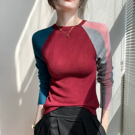 拼接针织打底衫秋冬2025新款修身显瘦百搭女装插肩袖复古毛线衣图片