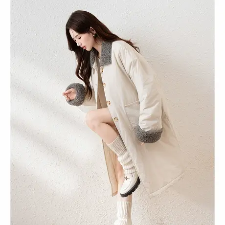 唐狮翻领撞色长款棉服女2025冬季厚外套时尚棉衣复古英伦风大衣图片