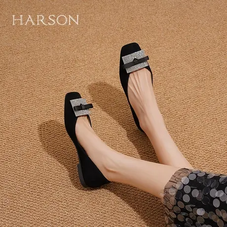 哈森黑色羊反绒平底单鞋女春季新款软皮通勤奶奶鞋HS257105商品大图