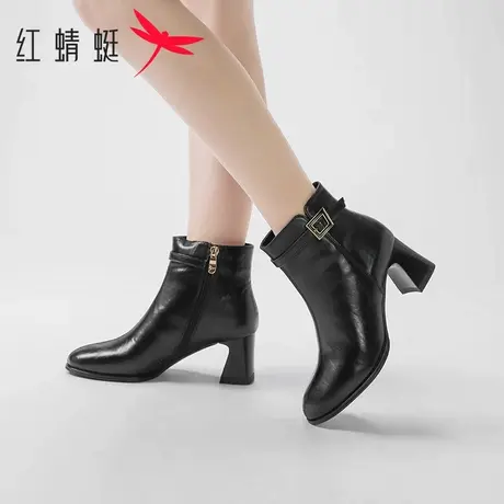 红蜻蜓短靴女秋冬英伦风短靴高跟时装女单靴时尚百搭粗跟短筒靴子商品大图