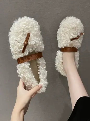 韩版时尚平底毛毛女鞋子2023秋冬新款棉瓢鞋蝴蝶结软底加绒豆豆鞋商品大图