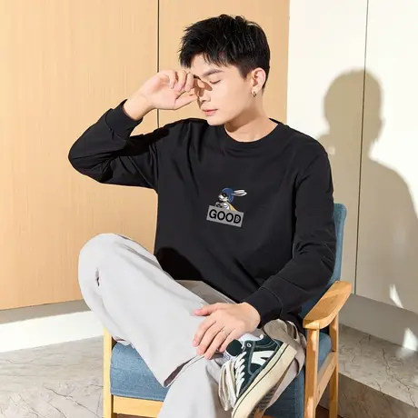 唐狮新款长袖T恤男圆领宽松休闲上衣纯棉白色内搭打底衫t潮流TD图片