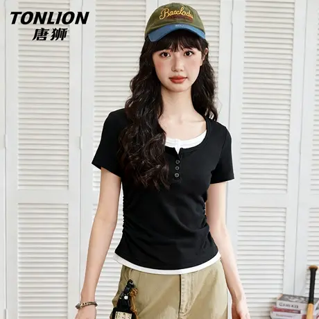 唐狮官方黑色正肩短袖t恤女2026新款夏季女士修身假两件上衣女VB图片