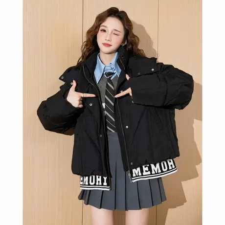 【防水】唐狮秋冬新款女连帽短款棉衣PU黑色潮流保暖外套可爱tu图片