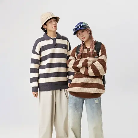 POLO领条纹毛衣女秋冬2023新款套头情侣装上衣复古宽松针织衫外套商品大图