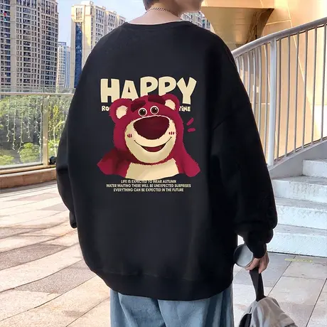 美式草莓熊印花套头圆领卫衣男秋冬季2023新款加绒宽松无帽外套潮商品大图