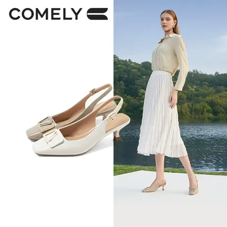 康莉包头凉鞋女细跟夏季新真皮方头高跟鞋优雅方扣时装凉鞋女款商品大图