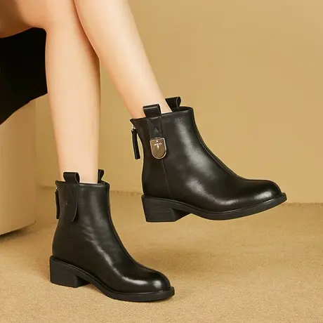 秋冬季新款圆头真皮短靴女时尚洋气百搭舒适头层牛皮低粗跟靴子商品大图