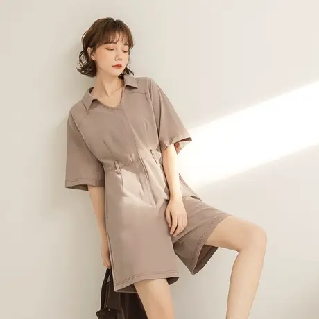 桔熊秋季工装连体裤子女装宽松舒适衬衫领短袖连身短裤大码BA6834商品大图