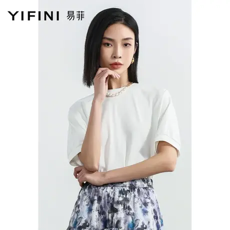 Yifini/易菲白色宽松圆领简约时尚T恤女夏季新款百搭短款上衣商品大图