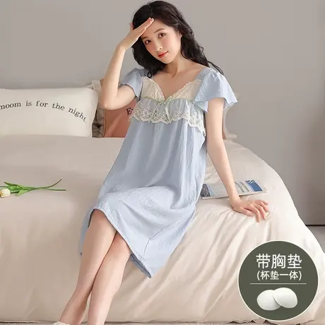 睡裙女带胸垫夏季薄款大码宽松短袖睡衣可外穿性感蕾丝V领连衣裙商品大图