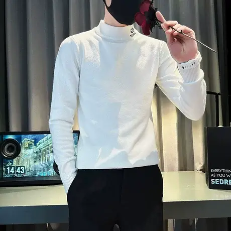 线衣t恤男2023秋冬轻熟ins潮牌高级纯色修身半高领针织打底衫毛衣商品大图