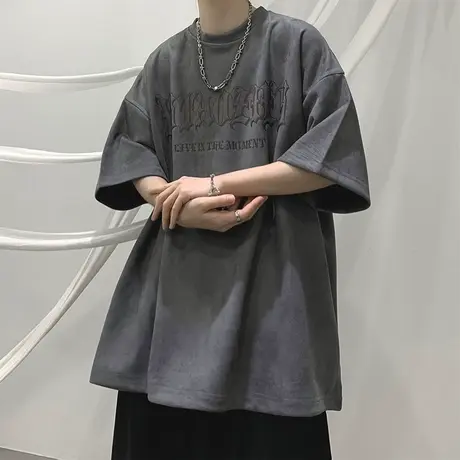 高街短袖t恤男款夏季美式复古宽松vintage麂皮绒半袖体恤打底衣服商品大图