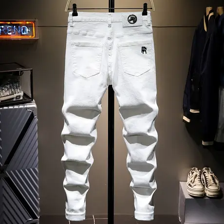 春夏款白色牛仔裤男修身直筒显瘦百搭男士休闲长裤子小脚刺绣男装商品大图