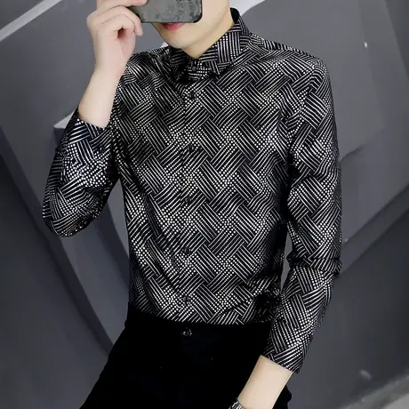 高级感长袖衬衫男士秋季痞帅气潮牌韩版烫金精神小伙个性修身衬衣图片