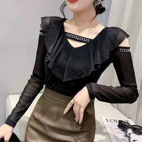 时尚荷叶边长袖T恤女春秋2023新款性感露肩洋气上衣V领网纱打底衫商品大图