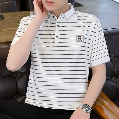 POLO衫男条纹短袖t恤夏季薄款韩版修身帅气打底衫青年翻领上衣服商品大图