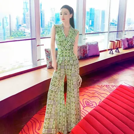 VJE复古格子女神范无袖翻领气质连体裤新款宽松阔腿连身衣图片