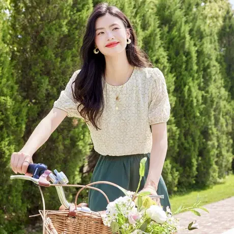 时尚气质碎花圆领短袖衬衫2023年夏季新款淑女温柔显瘦通勤上衣商品大图