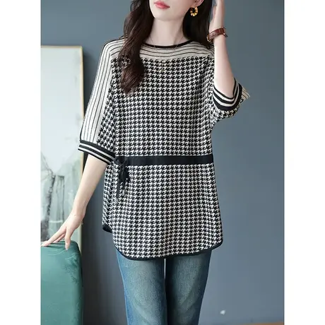 宝诗黎圆领五分蝙蝠袖抽绳收腰针织衫女春季小众休闲毛衣2024新款商品大图