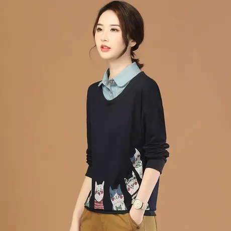 韩潮袭人假两件宽松休闲印花卫衣女2024春季新款长袖百搭T恤上衣图片