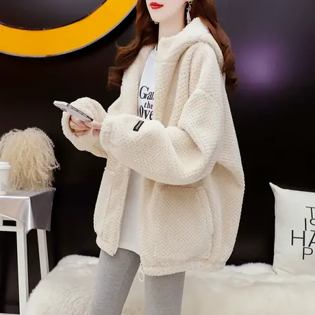 加绒加厚连帽卫衣开衫女2024新款早春季宽松慵懒风百搭羊羔毛外套图片