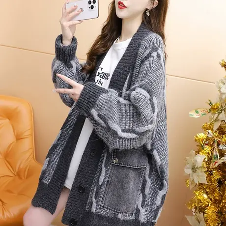 设计感毛衣开衫女中长款2024新款春季洋气百搭宽松慵懒风针织外套图片