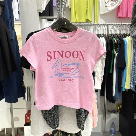 2022十三行春装韩版新款休闲百搭字母动物印花短袖圆领纯色T恤女商品大图