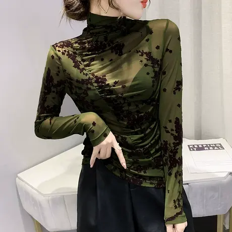 网纱透视T恤女长袖春秋加绒内搭名媛气质上衣复古碎花高领打底衫商品大图