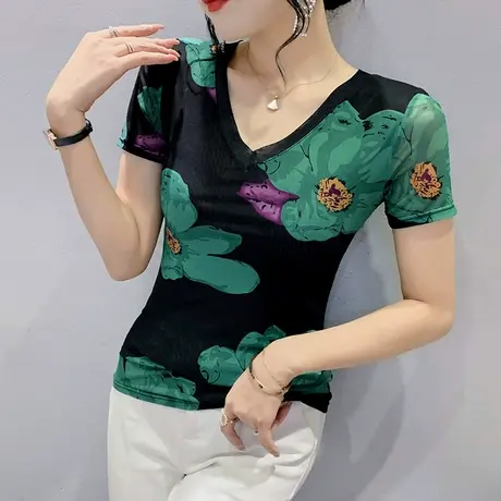 复古印花网纱V领T恤女短袖修身显瘦洋气百搭上衣欧货设计感上衣潮商品大图
