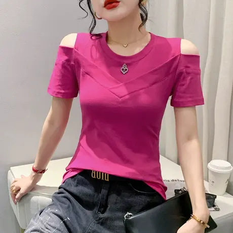 欧货性感露肩上衣女短袖气质圆领网红T恤夏季修身显瘦百搭小衫潮商品大图