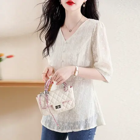 中长款V领雪纺衫女夏季2023新款洋气宽松遮肚小衫中袖高档女上衣商品大图