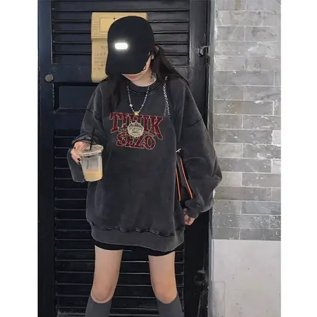 秋冬装卫衣女2023新款薄款美式复古做旧水洗黑oversize小众上衣潮商品大图
