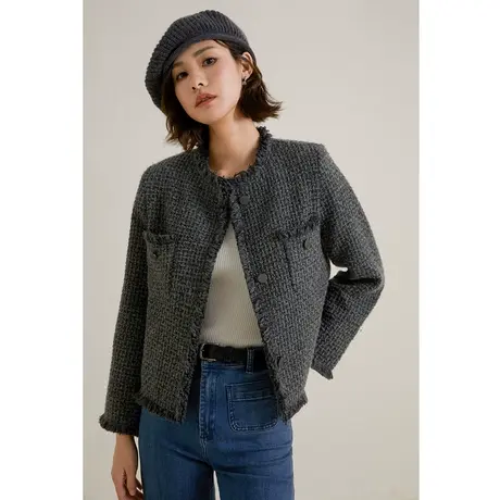 弥古小香风灰色粗花呢外套女宽松休闲羊毛混纺针织短上衣秋冬穿搭商品大图