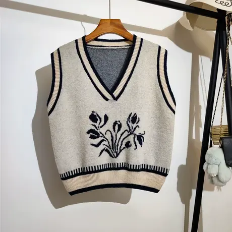 针织马甲女秋冬新款宽松v领叠穿设计感小众无袖毛衣背心坎肩外搭商品大图